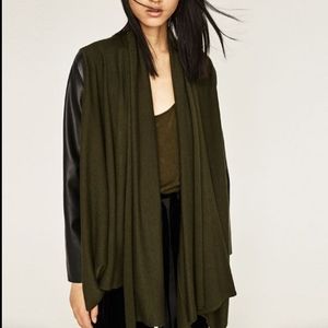 Zara Olive Waterfall Sweater with Black Faux Leather Sleeves